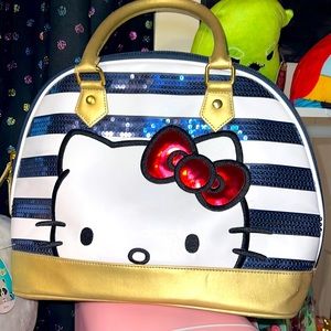 Loungefly Blue and Gold Striped Hello Kitty Face Bag